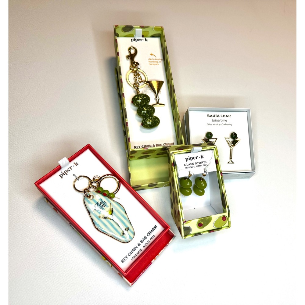 BaubleBar Brine Time Martini‎ Earrings Piper K Olive Tini Time Keychains Set NIB
